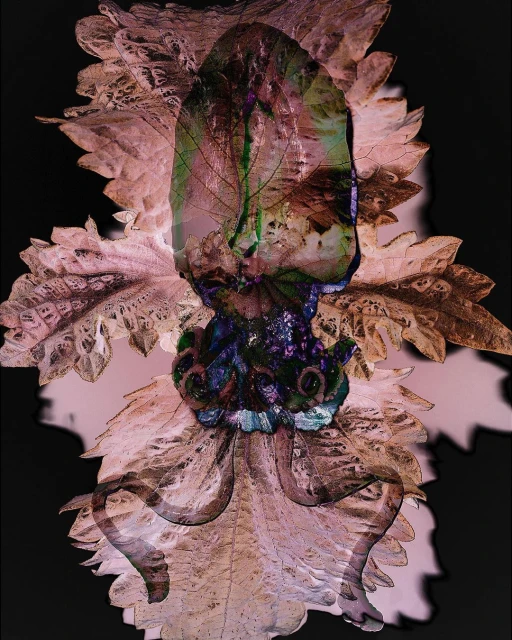 Abstract digital artwork featuring layered imagery of leaves and plant elements in muted, earthy tones against a dark background.