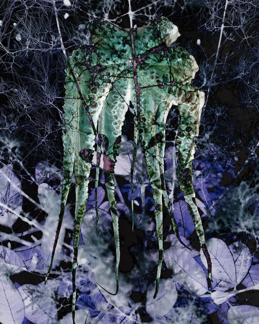 Abstract art featuring a textured sculpture with root-like structures, set against a backdrop of leaves and branches in cool hues.