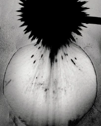 Monochrome macro photograph featuring a dark spiky spherical object positioned above a pale organic slice with scattered dark marks