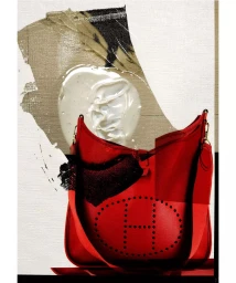 Red leather shoulder bag in a mixed media artistic composition with white cream texture and printed elements.