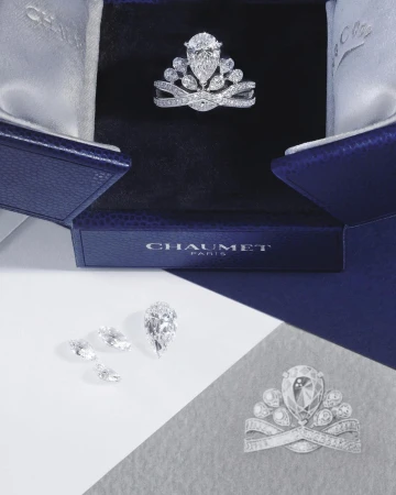 Close-up of a Chaumet tiara in its box, several loose diamonds, and a sketch of the tiara on a divided white and gray surface.
