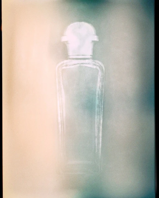 Elegant glass bottle with white cap set against blurred beige and grey background in studio lighting, showcasing minimalism.