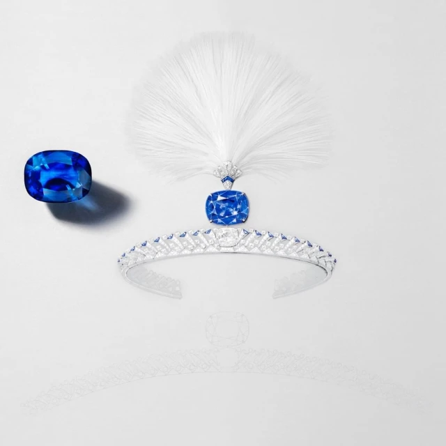 Elegant jewelry composition: a tiara with small blue stones, a larger loose sapphire, and a sapphire topped white feather adornment.