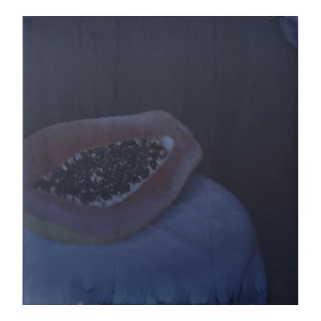 Oil painting of a halved papaya on a white cloth. The papaya has a peach-colored skin and many black seeds. The background is dark.