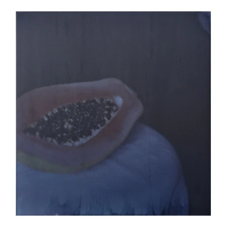 Oil painting of a halved papaya on a white cloth. The papaya has a peach-colored skin and many black seeds. The background is dark.