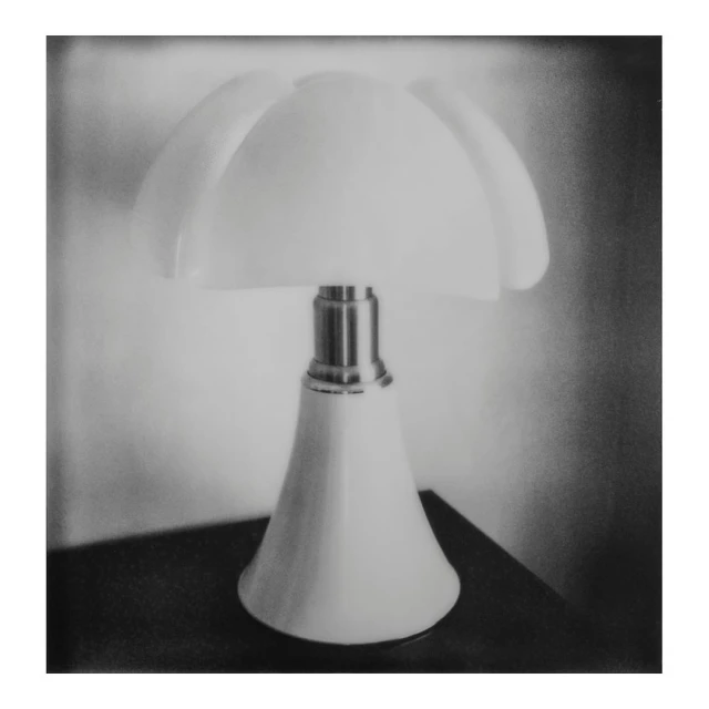 Monochromatic image of a vintage-style table lamp with a tulip-shaped lampshade, casting soft light in an indoor setting.