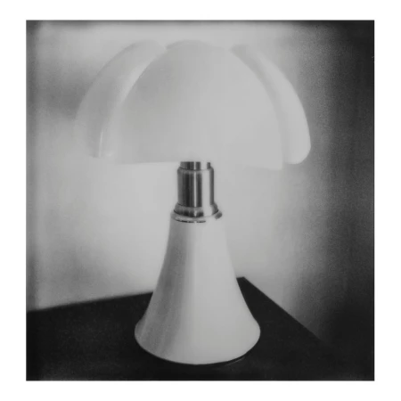 Monochromatic image of a vintage-style table lamp with a tulip-shaped lampshade, casting soft light in an indoor setting.