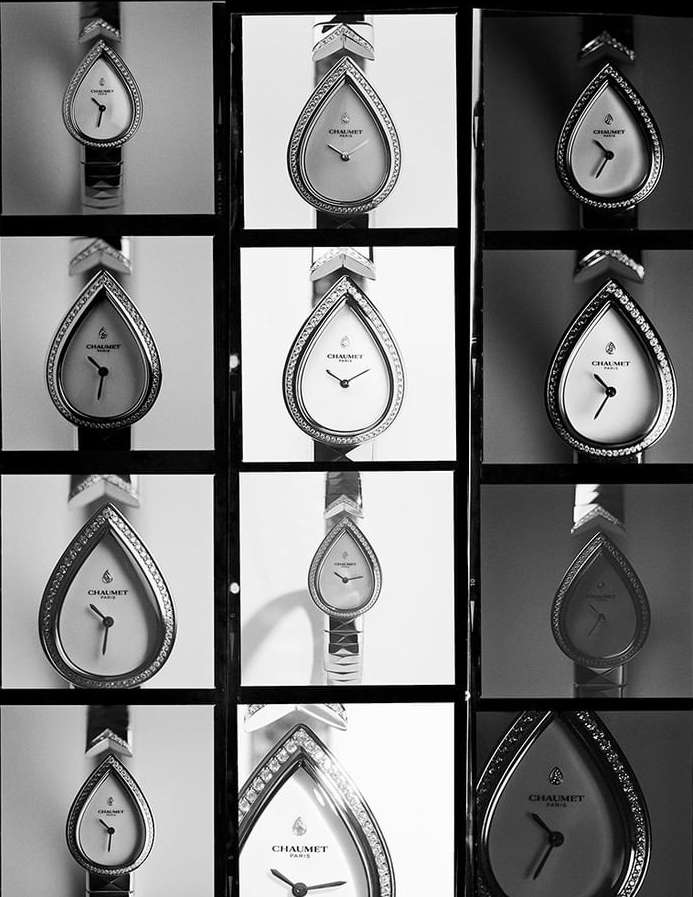 Monochrome compilation image of Chaumet pear-shaped watches featuring jewel-encrusted bezels and metal link bracelets, promoting luxury timepieces.