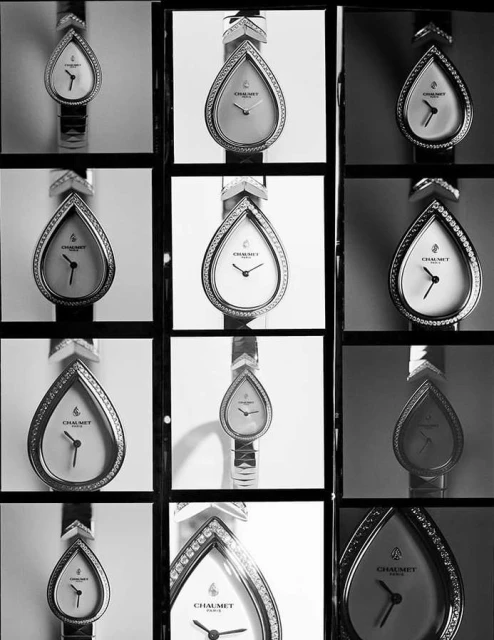 Monochrome compilation image of Chaumet pear-shaped watches featuring jewel-encrusted bezels and metal link bracelets, promoting luxury timepieces.
