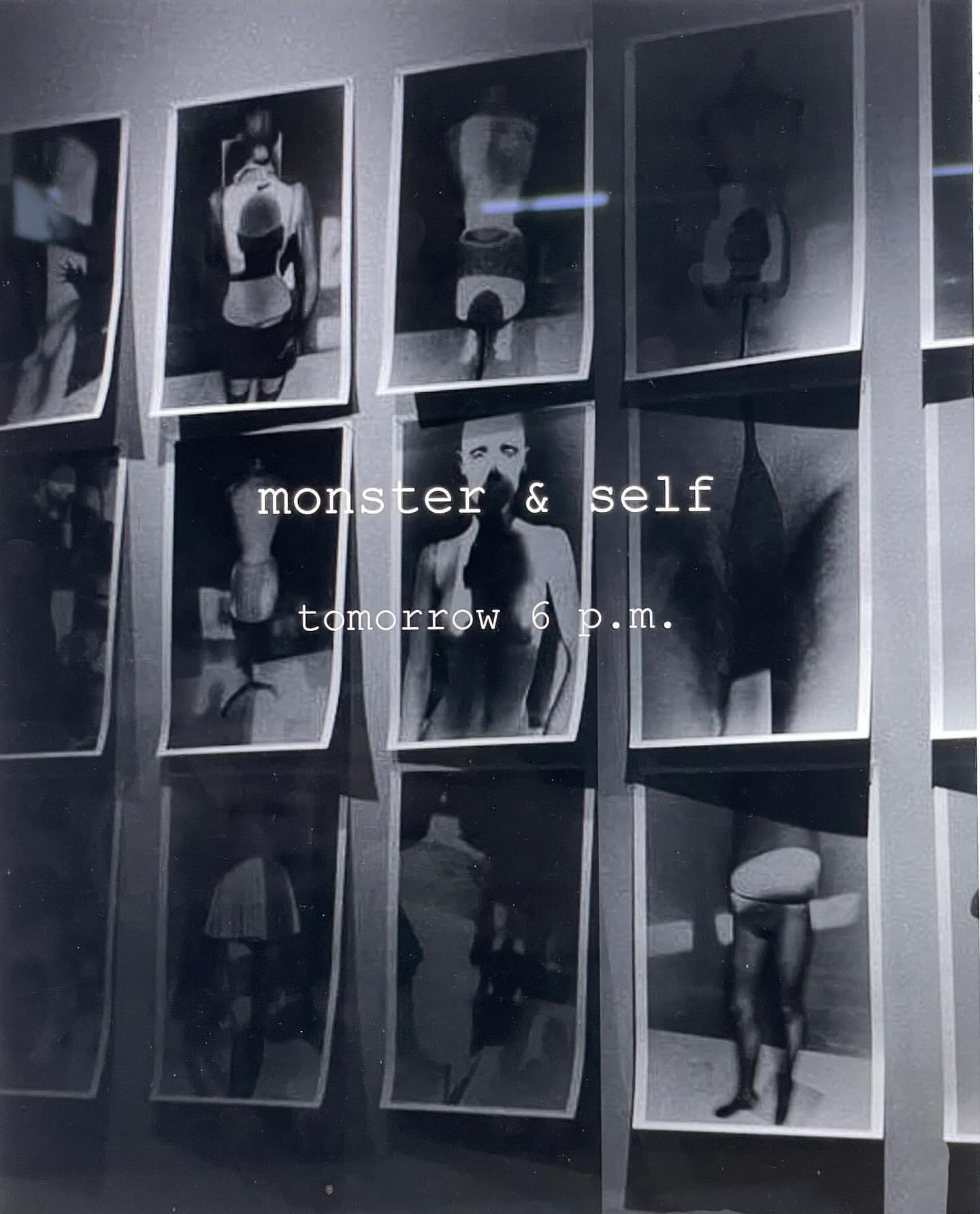 Gallery wall displaying a collection of black and white art photographs with text overlay promoting an exhibition event 'monster & self'.