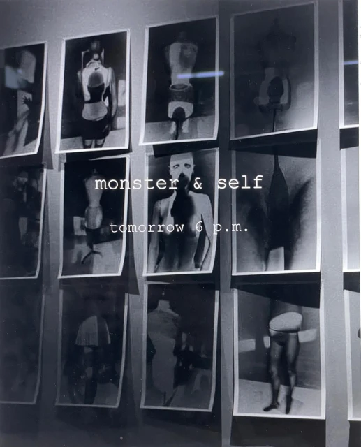 Gallery wall displaying a collection of black and white art photographs with text overlay promoting an exhibition event 'monster & self'.