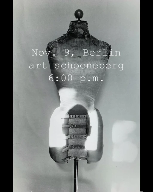 Black-and-white photograph of a vintage torso mannequin on a metal stand against a plain wall, with event advertisement text overlayed.