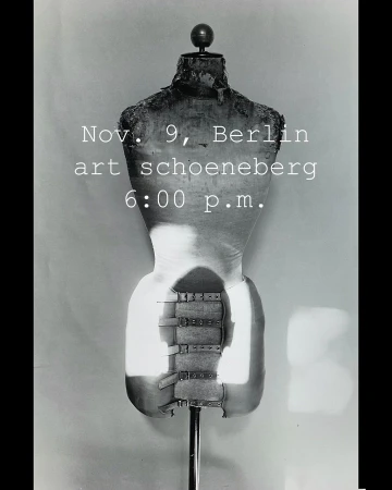 Black-and-white photograph of a vintage torso mannequin on a metal stand against a plain wall, with event advertisement text overlayed.