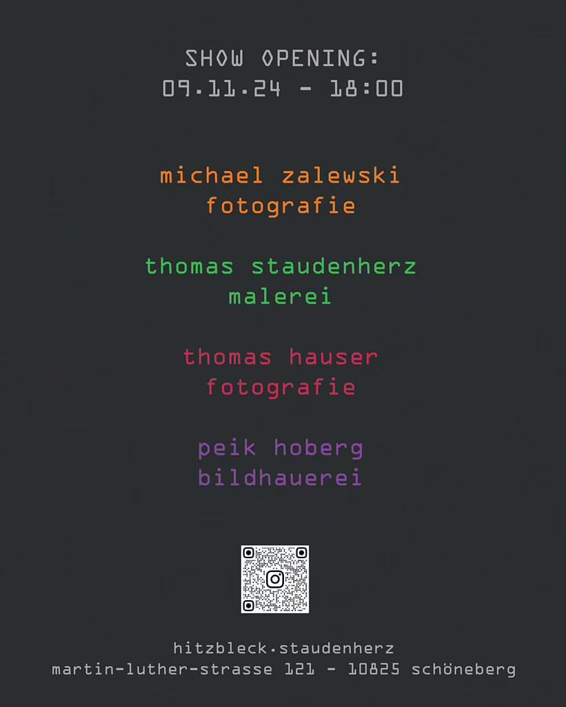 Art show opening advertisement featuring the names of the artists and the date and time of the show. Text is on a dark background.