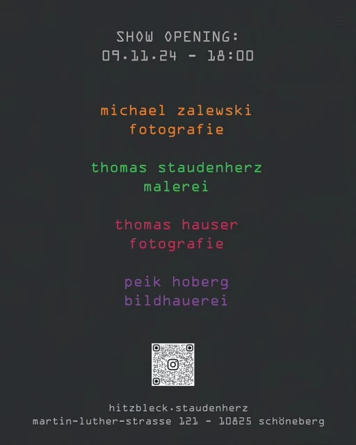 Art show opening advertisement featuring the names of the artists and the date and time of the show. Text is on a dark background.