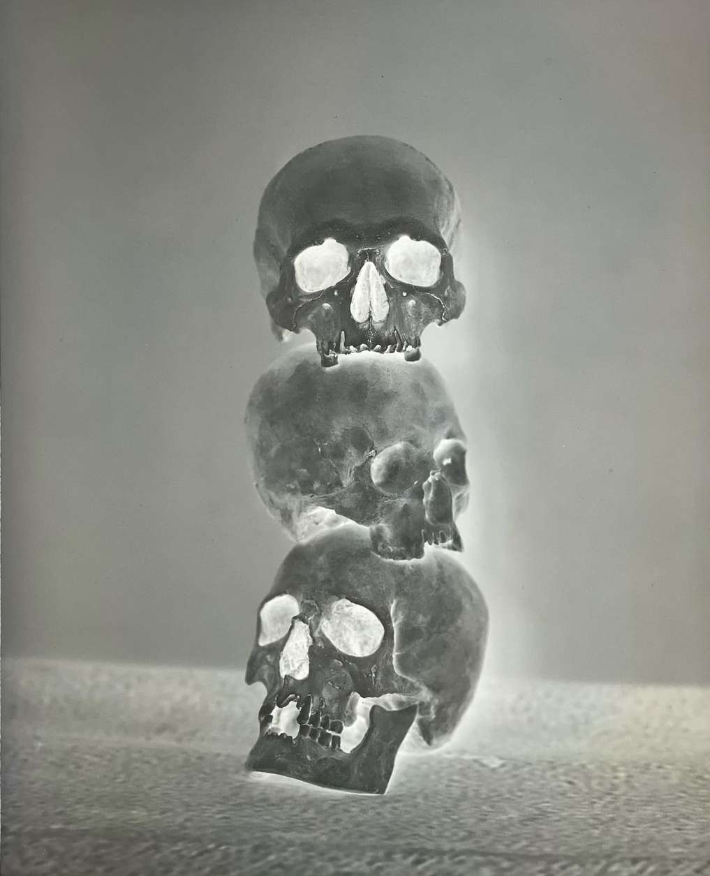 Monochrome photograph of three skulls stacked vertically, the largest at the bottom and smallest in the middle, against a light background.