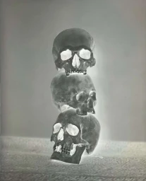 Three human skulls stacked vertically in a monochrome photographic print with inverted negative tones against a plain background.