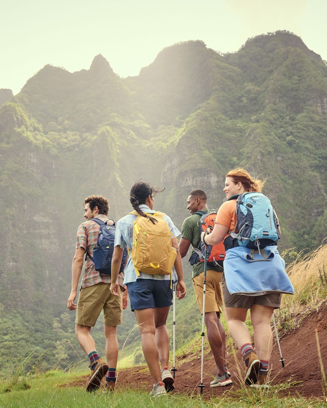 Four hikers with backpacks and walking poles walk on a grassy trail with mountains in the background on a sunny day.