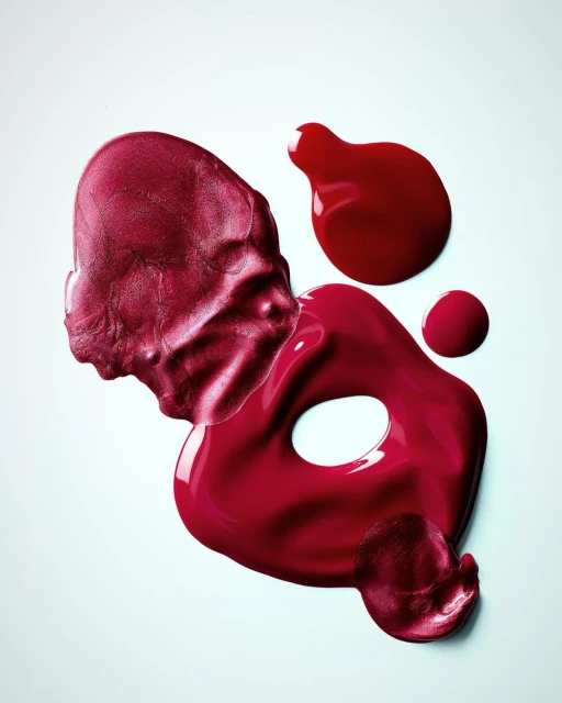 Overhead shot of various smears of red-colored nail polish on a white background. The nail polish is glossy and viscous.