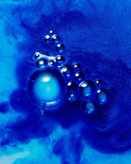Abstract close-up of vibrant blue liquid with tiny bubbles and swirling patterns, creating a textured and dynamic visual experience.