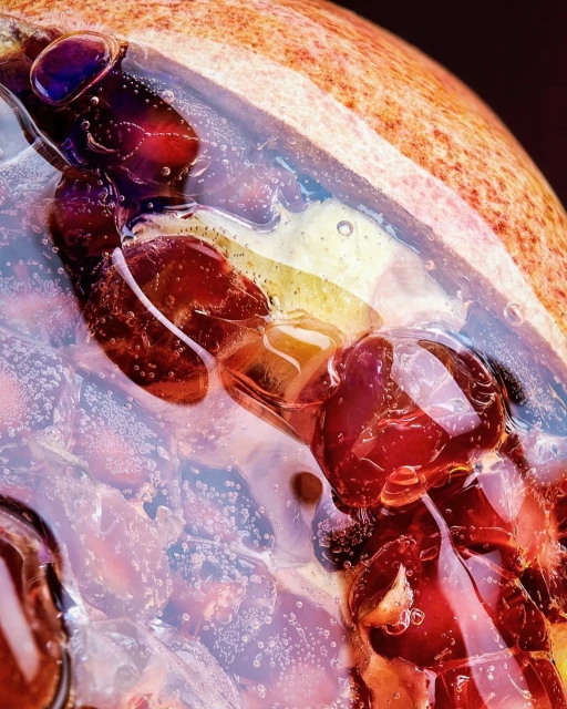 Close-up of a passion fruit half with visible pulp and seeds in a clear, gelatinous liquid, showcasing a textural and vibrant food still life.