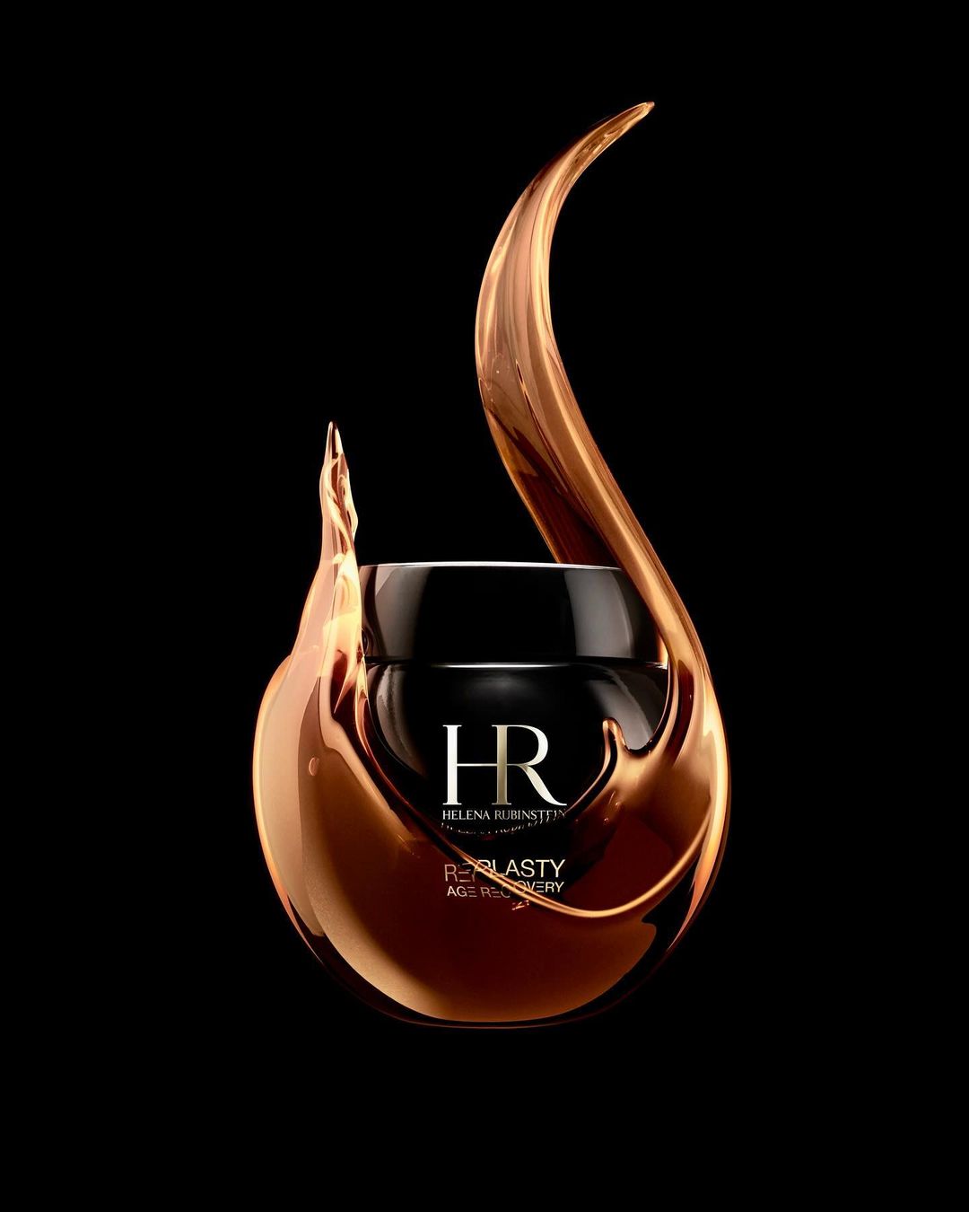 Black and gold anti-aging cream jar with a fluid golden swirl against black background in a beauty and skincare product shot.