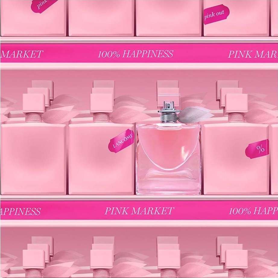 Pink themed product display features Lancome perfume bottles on shelves labeled 'Pink Market' and '100% Happiness,' creating a monochromatic visual.