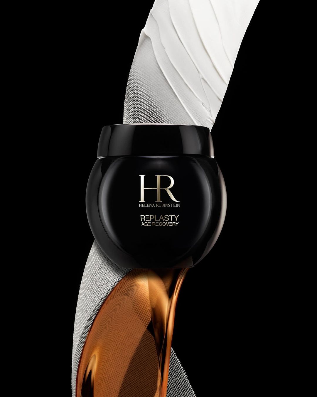 A close-up studio shot shows a black jar of Helena Rubinstein Re-Plasty Age Recovery cream set against black with white and gold accents.
