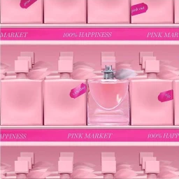 A clear glass perfume bottle filled with pink liquid sitting on a shelf among rows of pink packages against a monochromatic pink background.