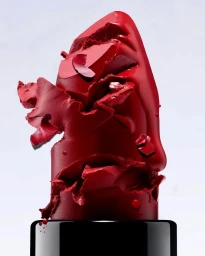 Close-up macro shot of a crushed red lipstick with melting pigment against a pale seamless background captured by Thomas Pico.