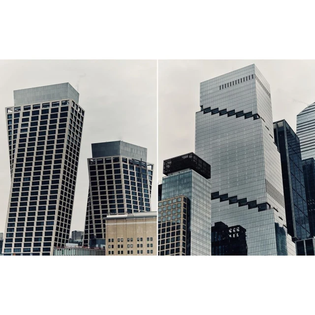 A low-angle view showcases modern architecture with towering skyscrapers against an overcast sky, capturing the essence of urban development.