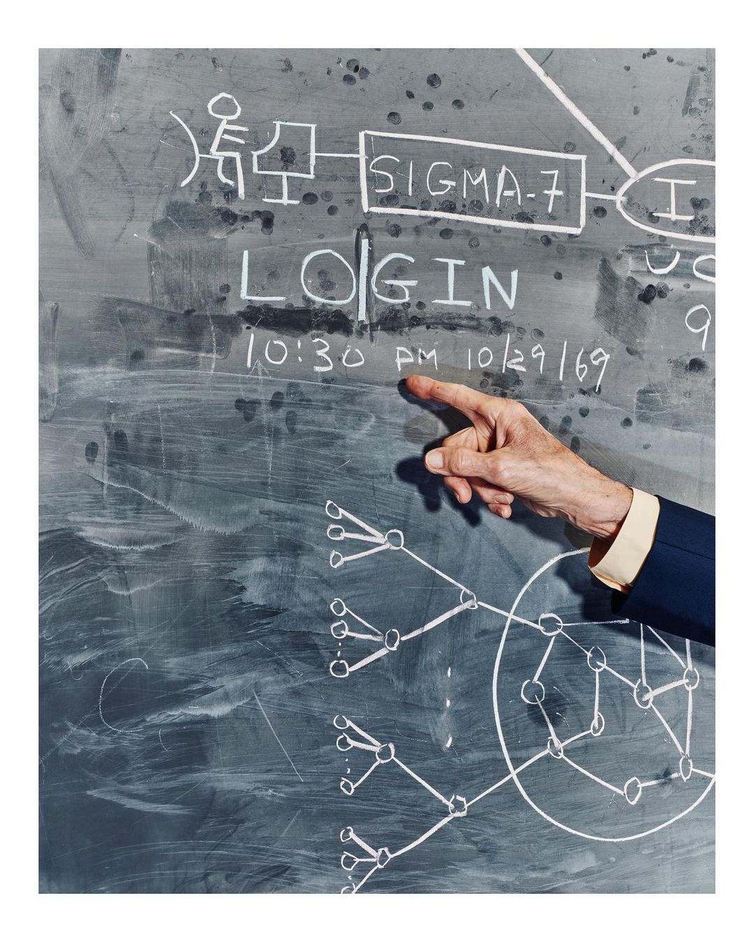 Finger points to chalkboard with white text, diagrams, and the date 10/29/69, in a close-up shot with a shallow depth of field.