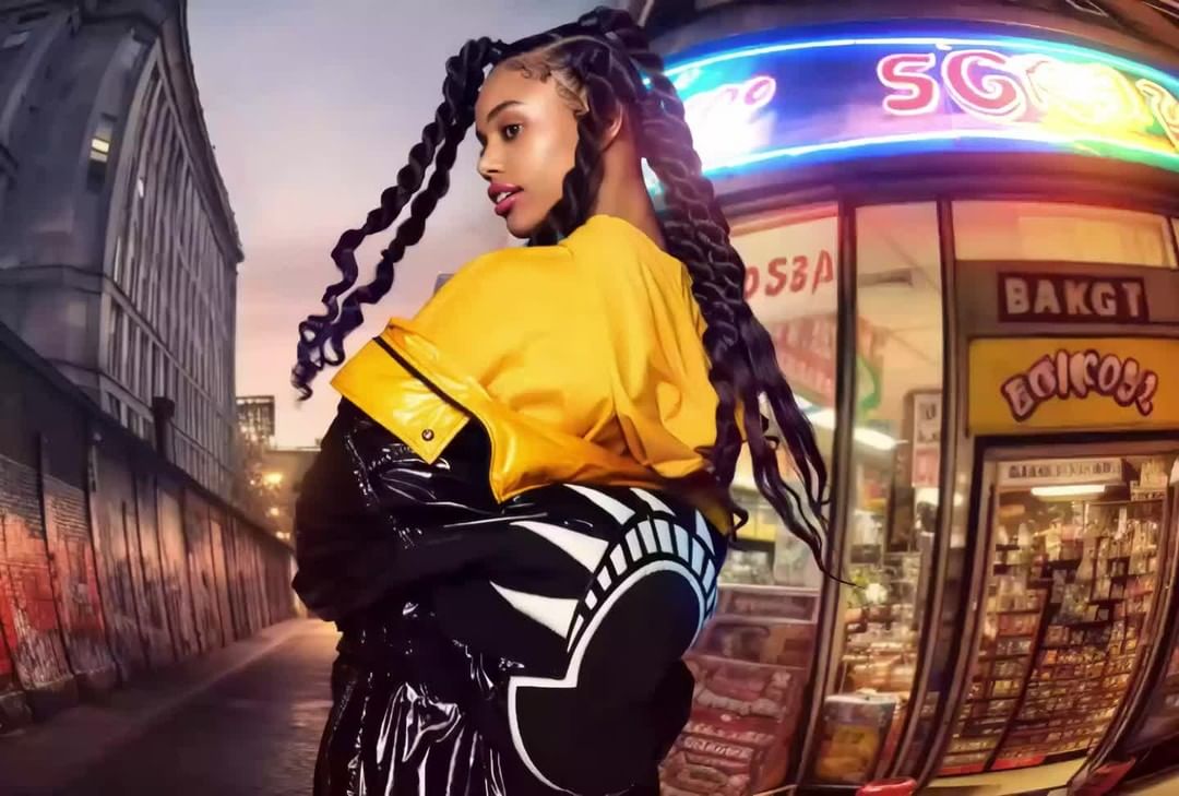 Young woman with long braids poses in yellow jacket in front of a brightly lit city corner store, wearing black glossy jacket.