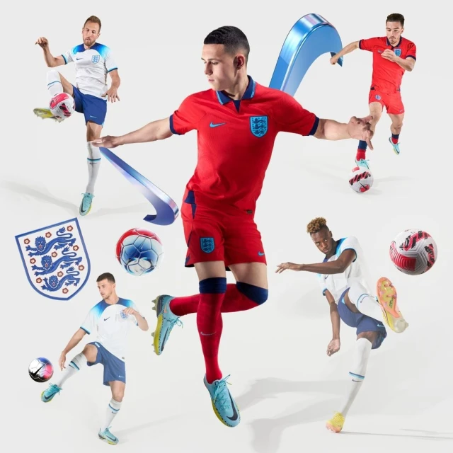 Multiple soccer players in England jerseys kicking soccer balls in a studio setting, soccer balls and England logo floating.