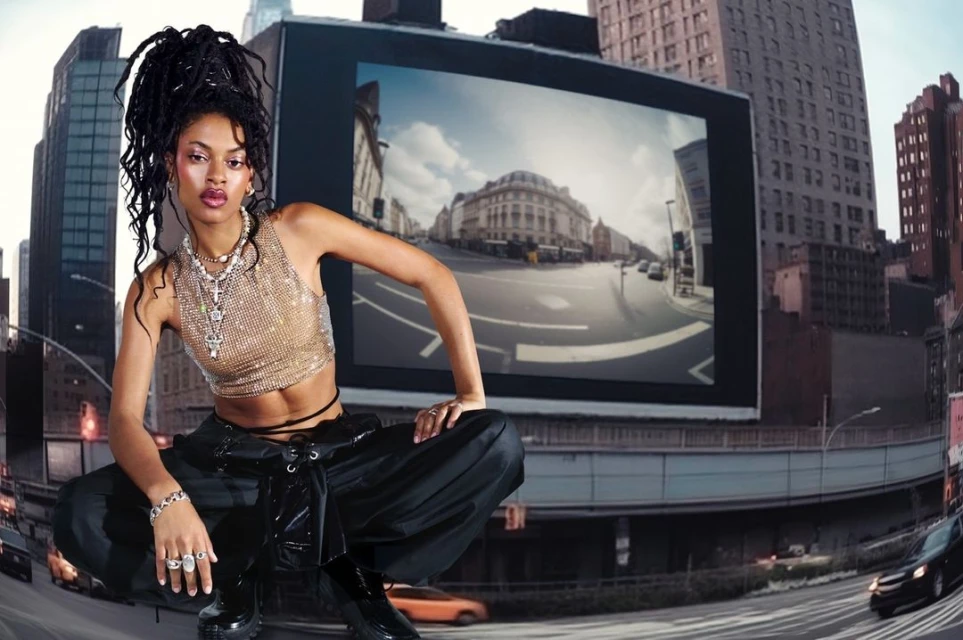 Fashionable young woman in a sparkly crop top and baggy pants poses against a backdrop of city buildings and a video billboard.