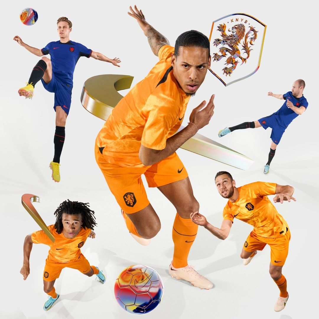A dynamic photo of five soccer players in orange and blue uniforms striking action poses against a white background, showcasing athletic prowess.