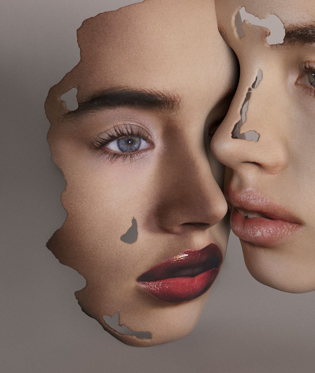 Close-up portrait photography of two models with torn paper collage effects revealing facial features