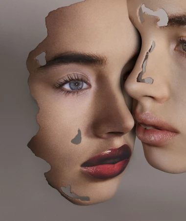 Close-up portrait photography of two models with torn paper collage effects revealing facial features