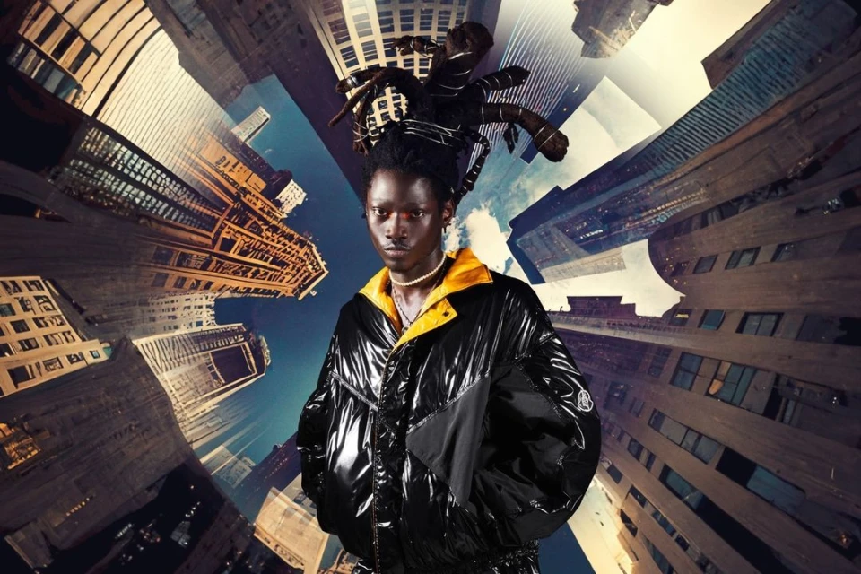 Adult male in glossy black and yellow jacket poses in an urban fashion shot with city buildings digitally distorted in the background.