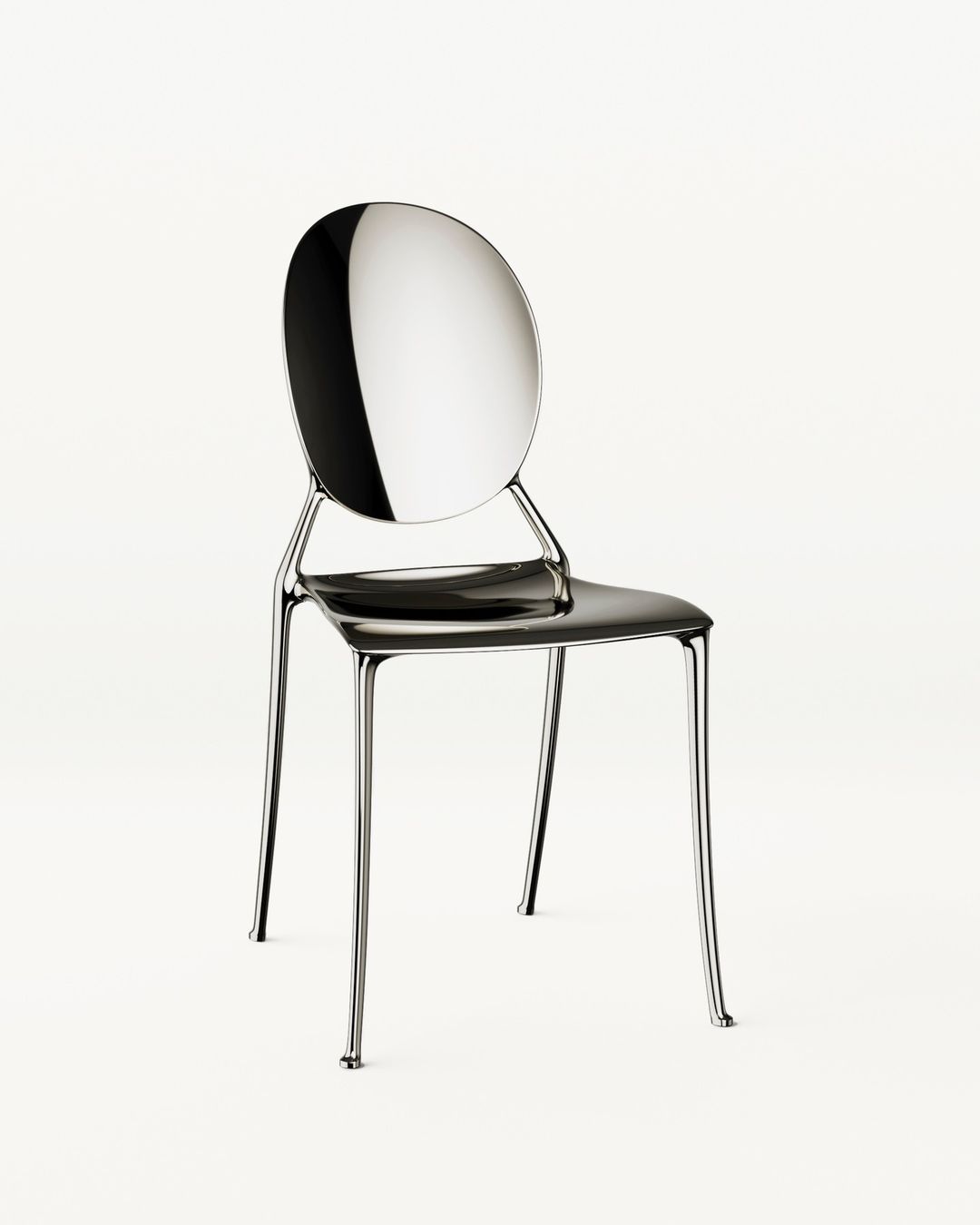 Modern transparent chair on a white background. Minimalist chair with a round back and silver chrome legs. Product photography. Interior design.