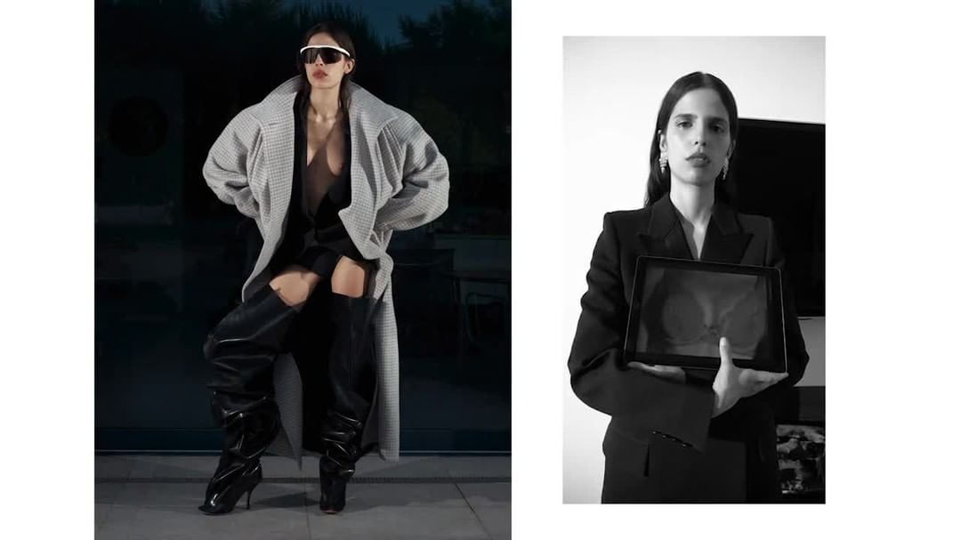 Two images side by side: A woman in sunglasses, a coat, and boots, and a woman in a blazer holding a tablet.