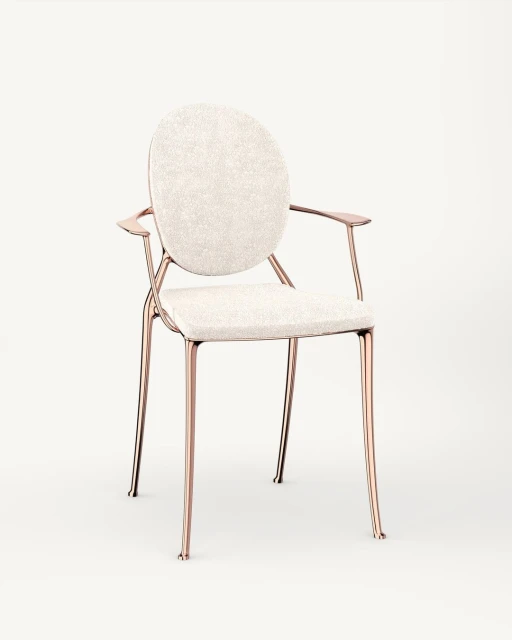 Upholstered armchair with rose gold metal frame, round backrest, and textured off-white fabric. Contemporary interior design.