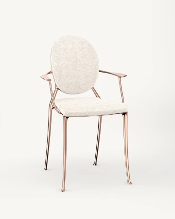 Upholstered armchair with rose gold metal frame, round backrest, and textured off-white fabric. Contemporary interior design.