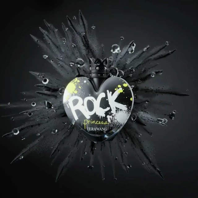Heart-shaped perfume bottle with a crown cap, featuring 'Rock Princess' text, surrounded by water droplets and black smoky accents against a dark backdrop.