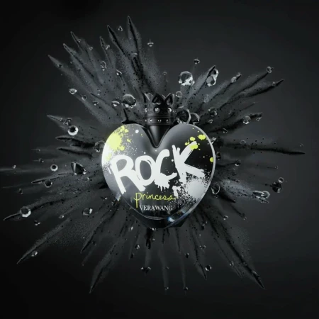 Heart-shaped perfume bottle with a crown cap, featuring 'Rock Princess' text, surrounded by water droplets and black smoky accents against a dark backdrop.