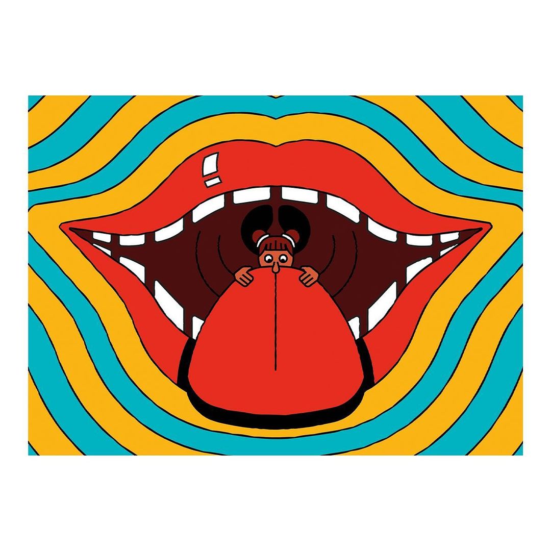 Cartoon illustration of a woman peering out from inside a large open mouth with a red tongue, against a blue and yellow striped background.