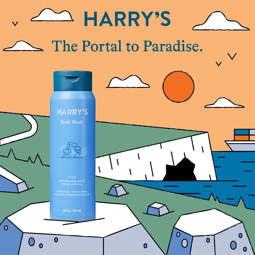 Harry's body wash stands on a graphic surface resembling cliffs by the sea, with a cargo ship sailing, clouds and sky in the background.