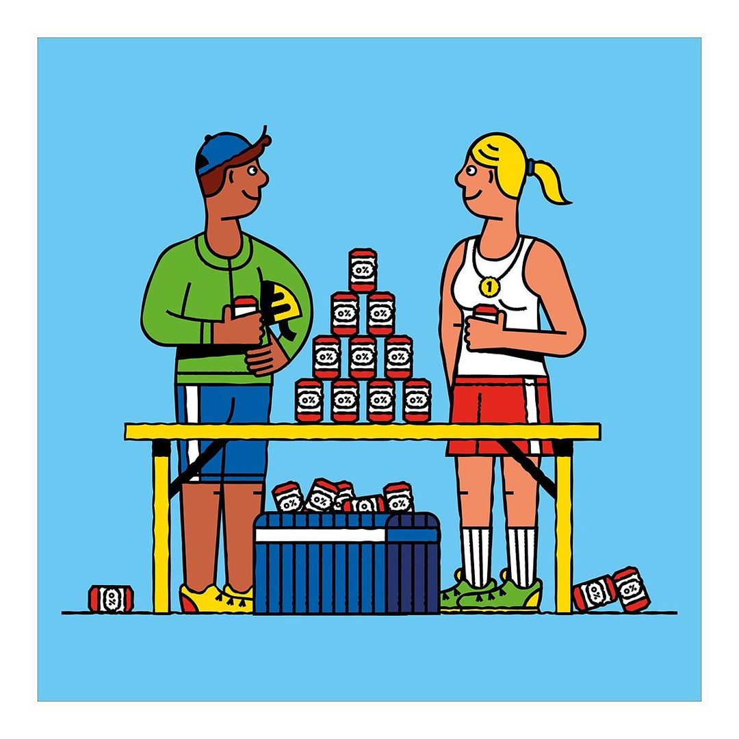 Illustration of a beverage stand with two people and cans stacked on a table against a solid blue background in a vector art style.