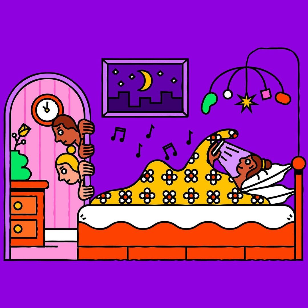Illustration of a woman in bed looking at her phone, with two people peeking through a doorway in a purple-toned interior.