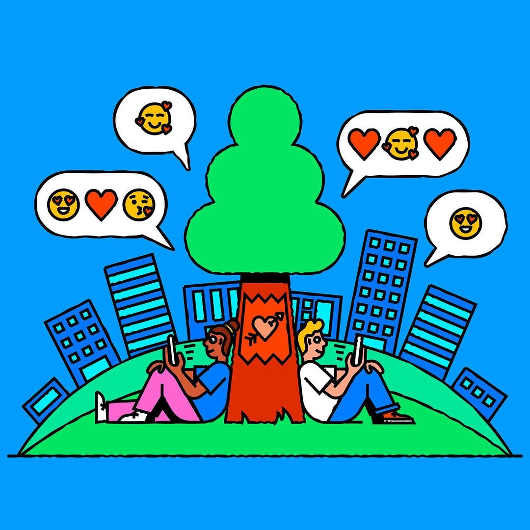 Illustration of a dark-skinned woman and a fair-skinned man sitting by a tree in a city park, using their cell phones and communicating with emojis.